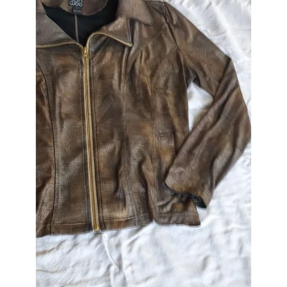 Clara Sun Woo Liquid Leather Jacket Full Zip Sz Large Brown Black - Picture 3 of 13